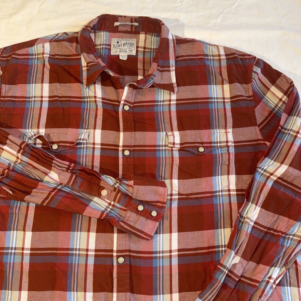 Lucky Brand Shirt‎ Mens XXL Red Button Up Flannel Workwear Rancher Pearl Snaps